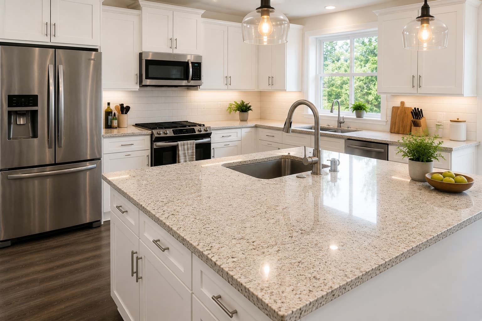 The same kitchen after MMG cleaned it: the granite island is clear and polished, surfaces are spotless and the floor is clean