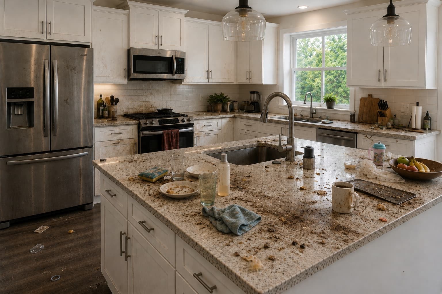 A kitchen island before cleaning: dirty dishes, glasses and crumbs across the countertop, grimy cabinets and debris on the floor