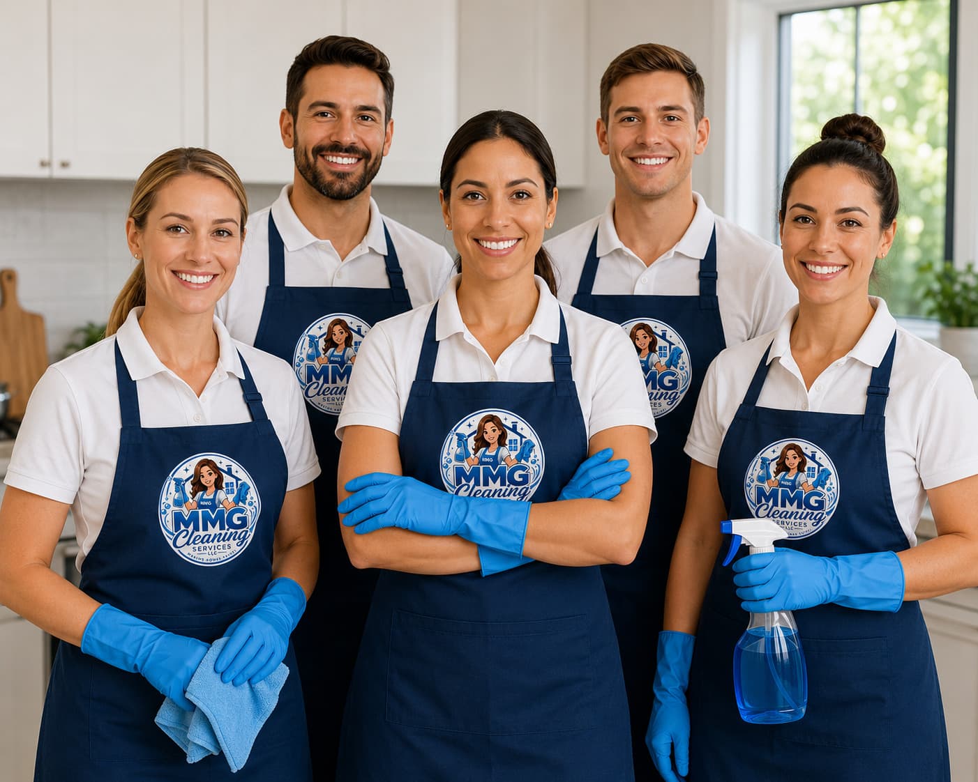 Five members of the MMG Cleaning Services team in branded navy aprons and blue gloves, standing in a bright kitchen