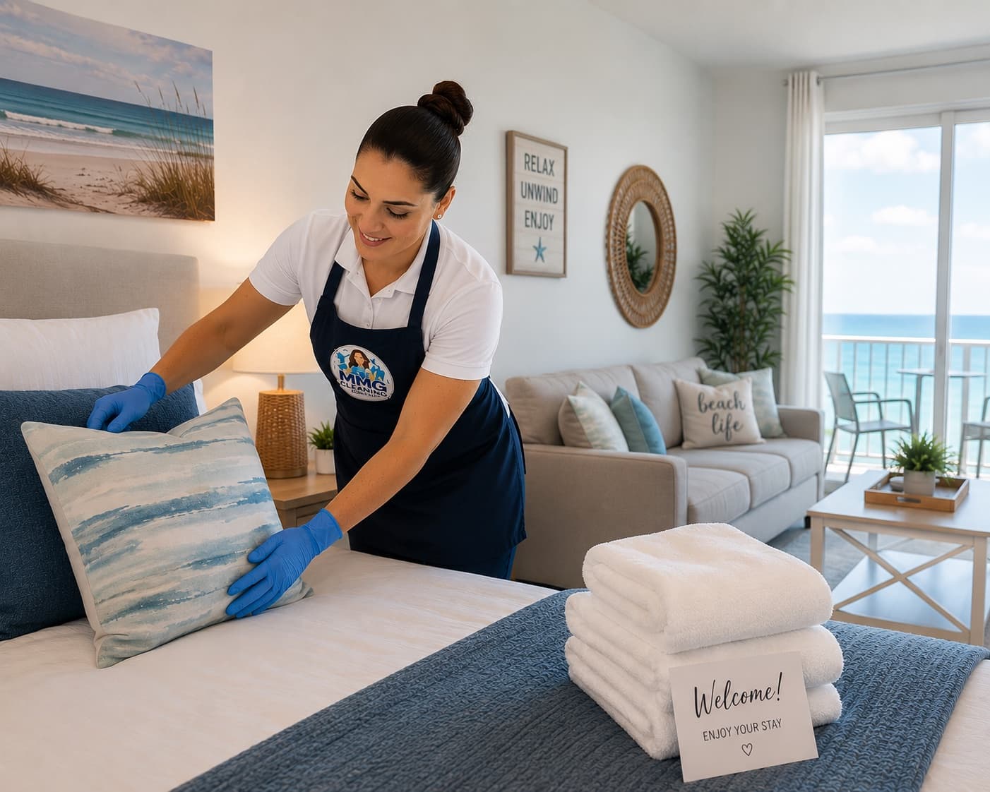 An MMG cleaner arranging pillows on a made bed in a beachside vacation rental, with folded towels and a welcome card