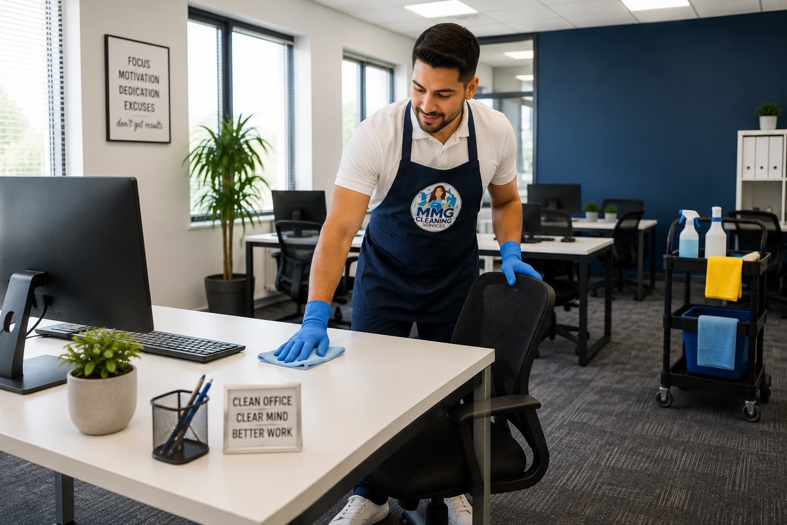 An MMG cleaner wiping a desk in a modern open-plan office
