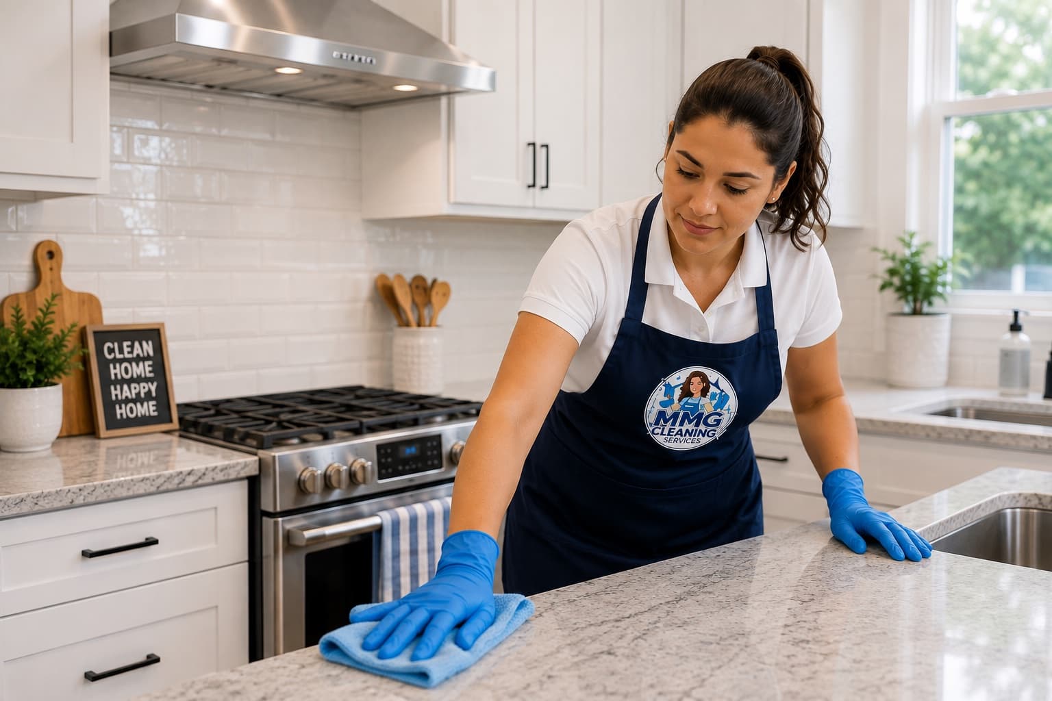 An MMG cleaner in a branded navy apron wiping down the granite island in a white kitchen