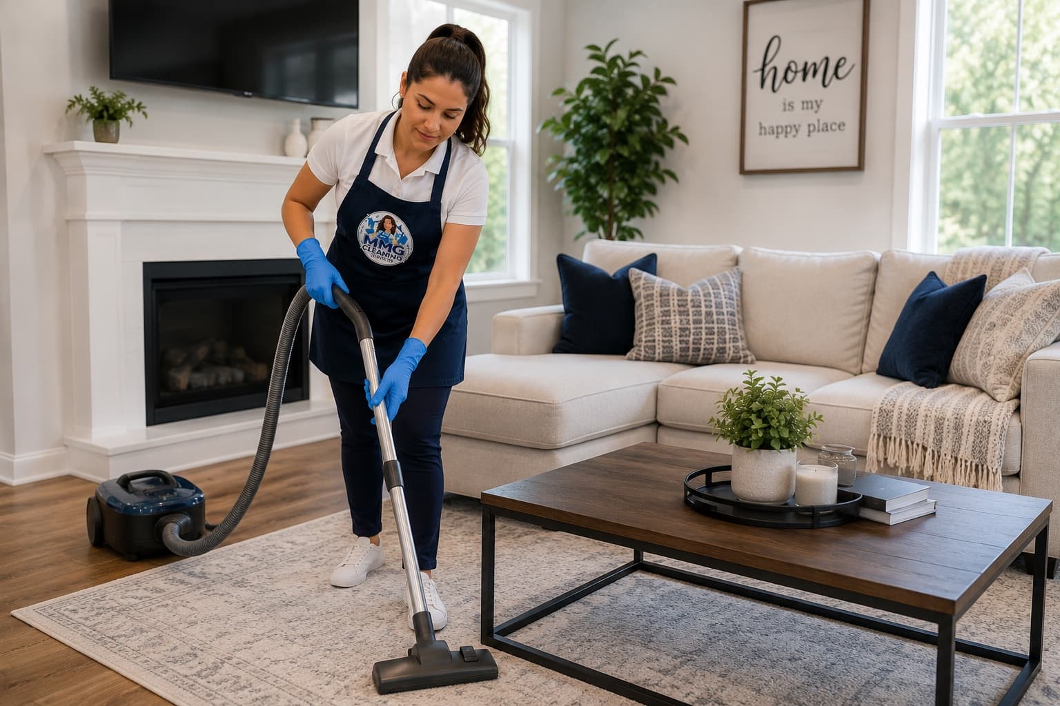 An MMG cleaner in a branded navy apron vacuuming the rug in a bright living room