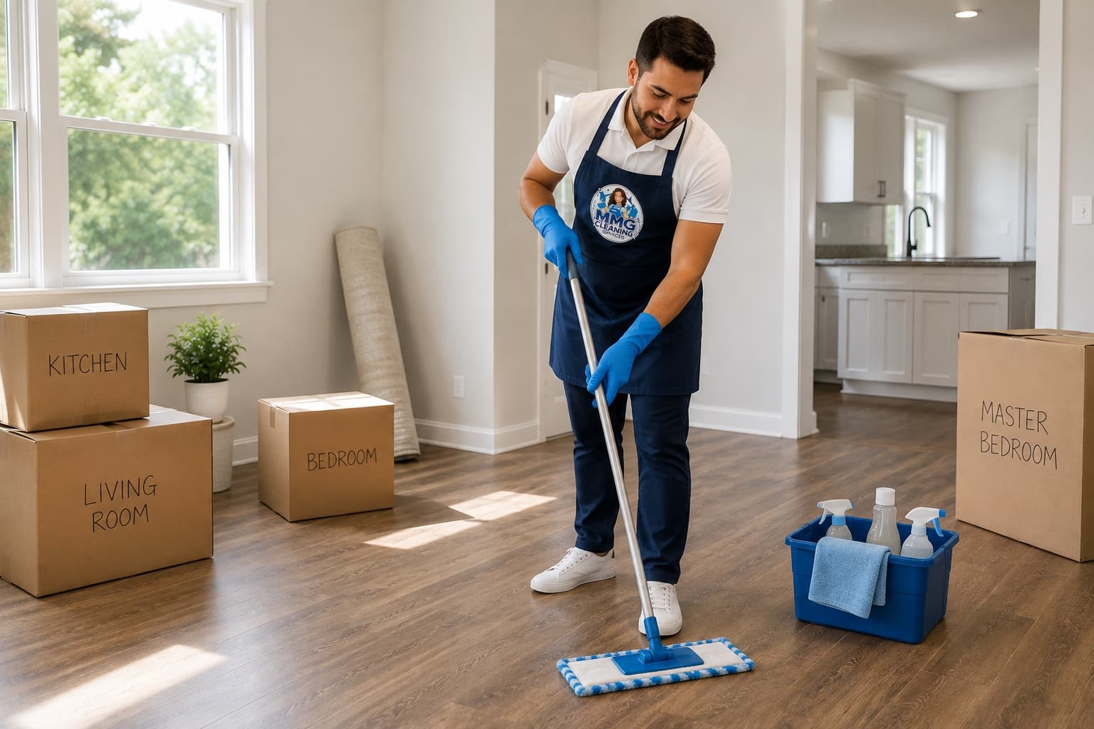 An MMG cleaner mopping the floor of an empty home beside labelled moving boxes
